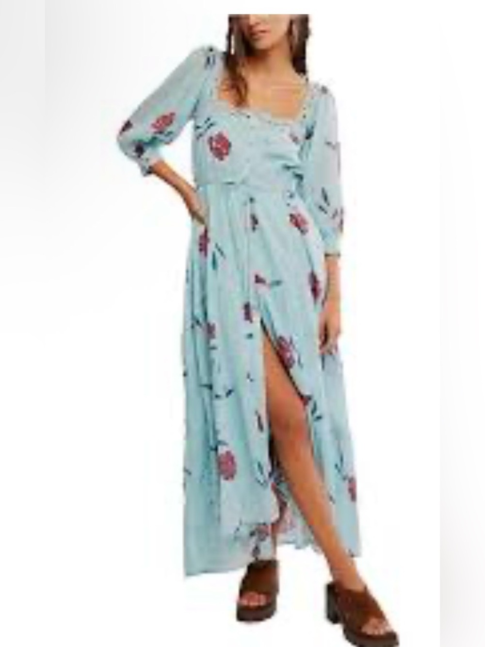 Free people Morning Meadows Floral Dotted Printed Square Neck 3/4 Sleeve Maxi Dr
